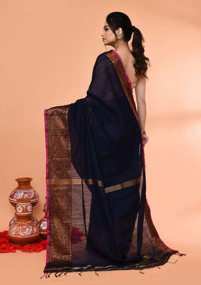 Navy Blue Cotton Saree Set with Embroidered for Diwali | Wedding & Festive Wear - Indya