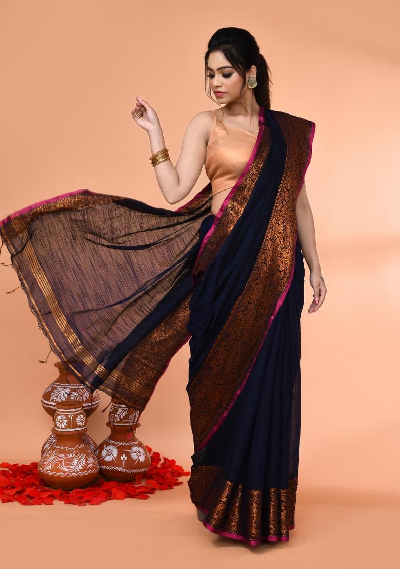 Navy Blue Embroidered Cotton Saree Set