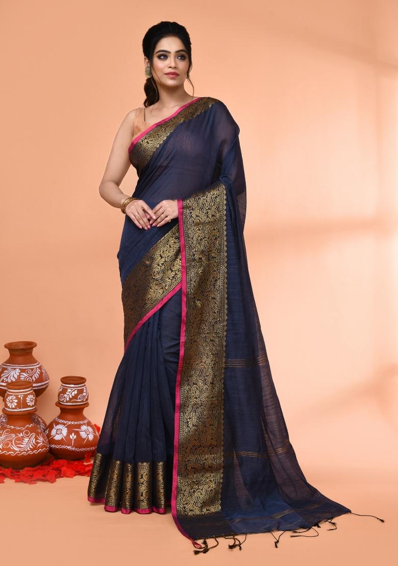 Grey Embroidered Cotton Saree Set