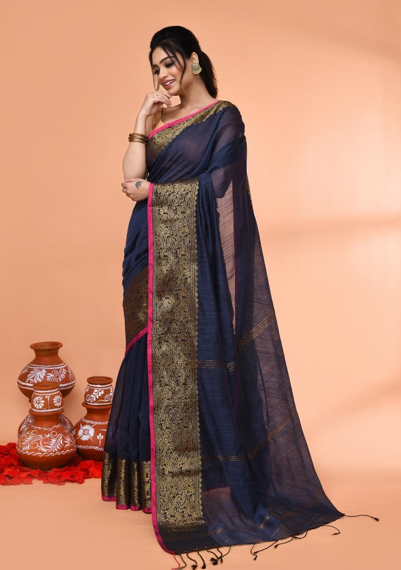 Grey Embroidered Cotton Saree Set
