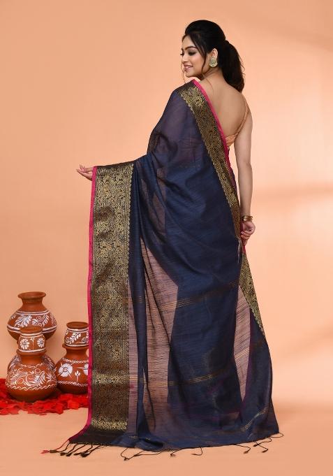 Grey Embroidered Cotton Saree Set