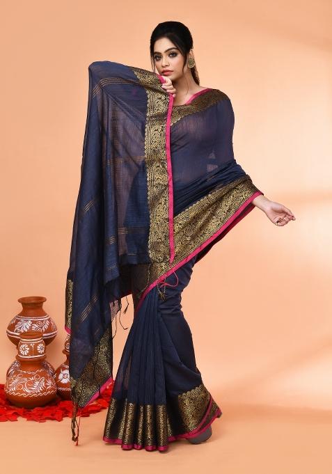 Grey Embroidered Cotton Saree Set