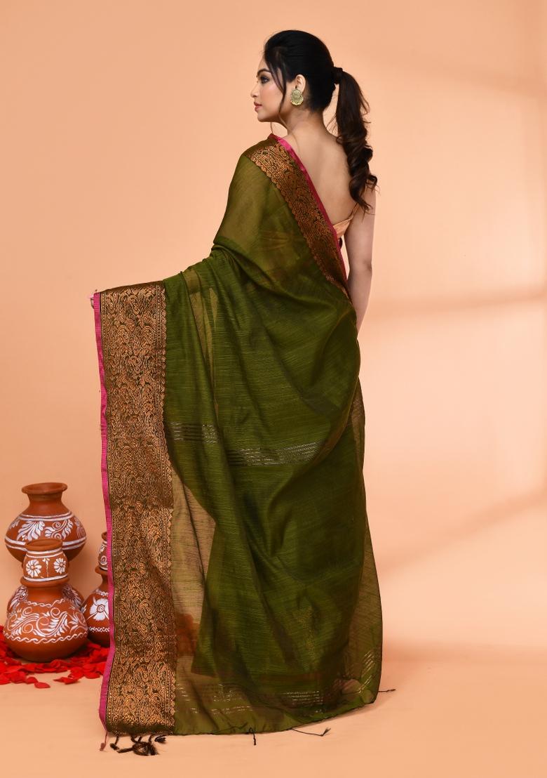 Moss Green Embroidered Cotton Saree Set