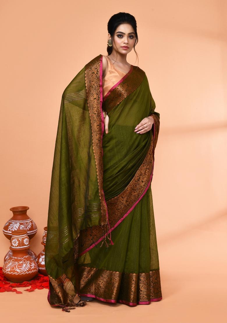 Moss Green Embroidered Cotton Saree Set