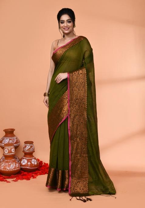 Moss Green Embroidered Cotton Saree Set