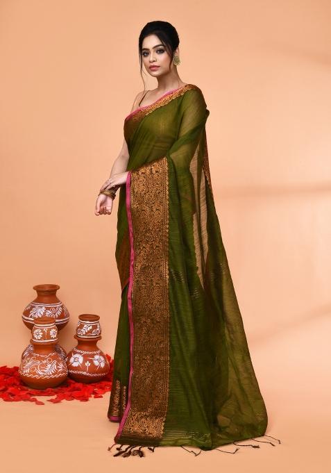Moss Green Embroidered Cotton Saree Set