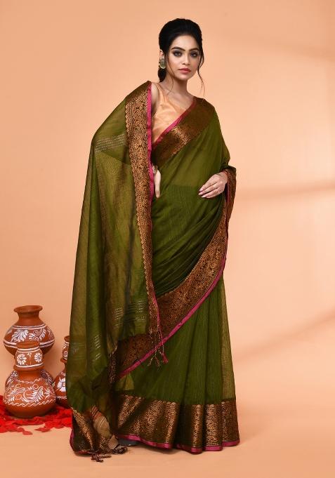 Moss Green Embroidered Cotton Saree Set