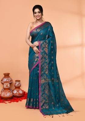 Teal Embroidered Cotton Saree Set