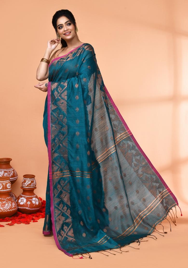 Teal Embroidered Cotton Saree Set