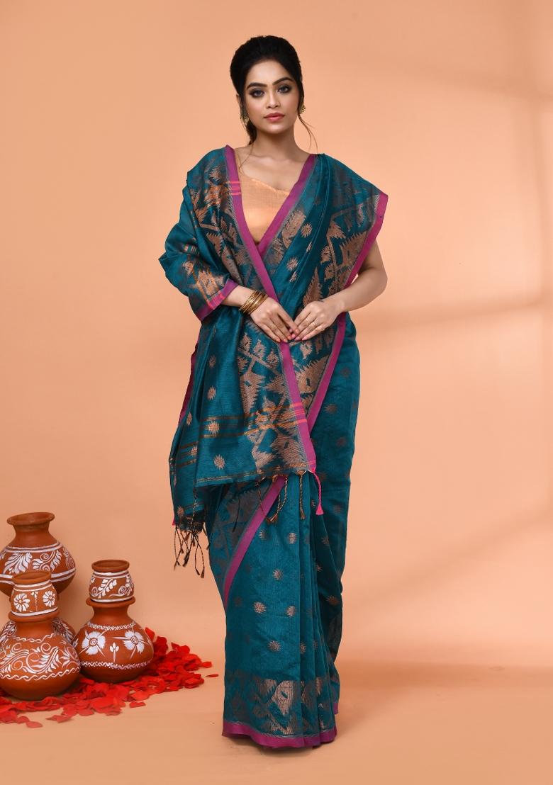 Teal Embroidered Cotton Saree Set