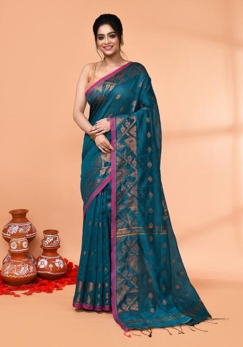Teal Embroidered Cotton Saree Set