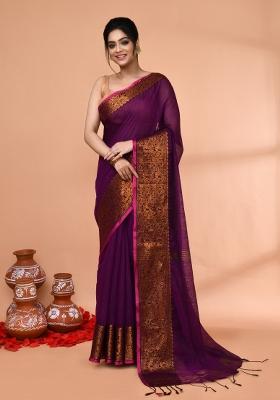 Magenta Embroidered Cotton Saree Set