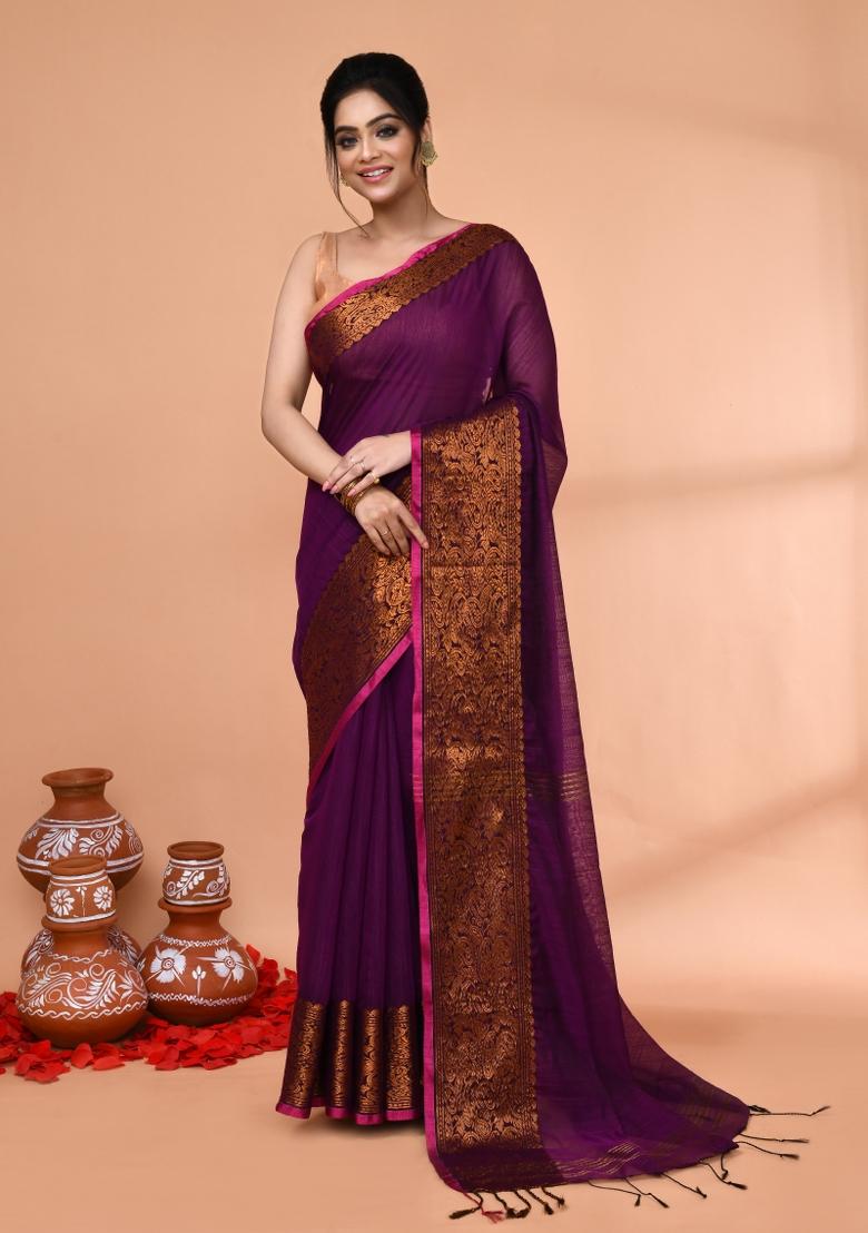 Magenta Embroidered Cotton Saree Set