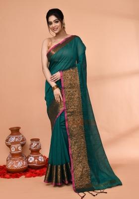 Teal Embroidered Cotton Saree Set