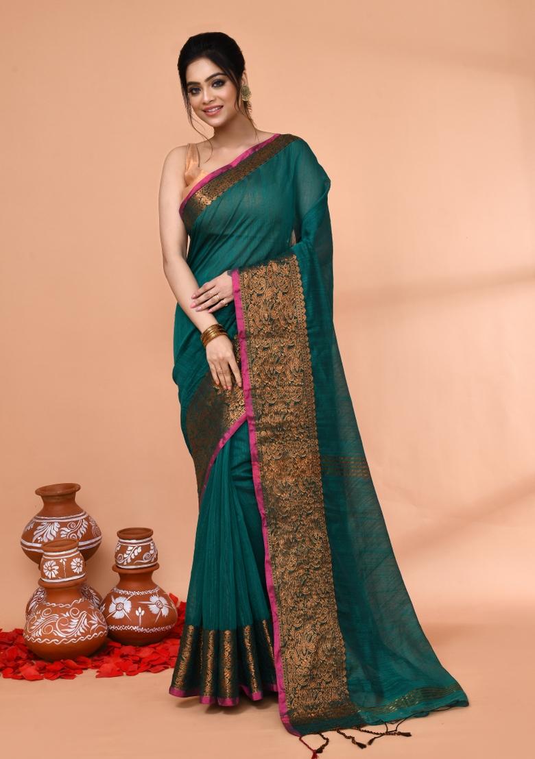 Teal Embroidered Cotton Saree Set