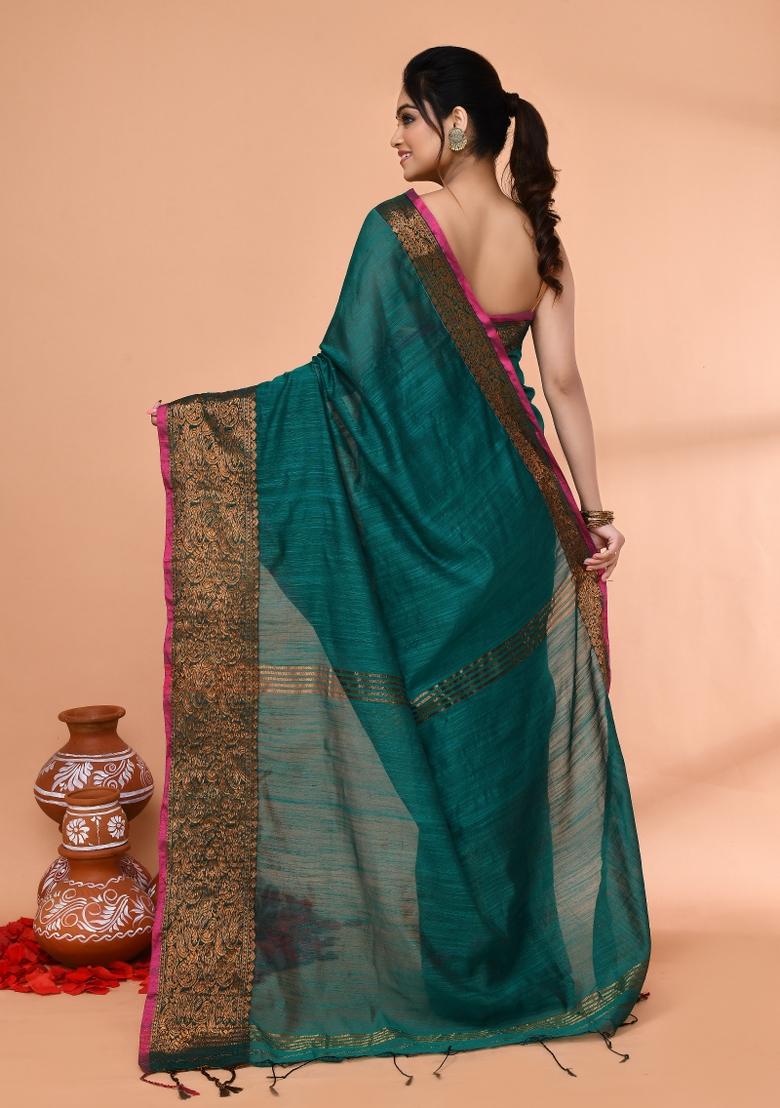 Teal Embroidered Cotton Saree Set