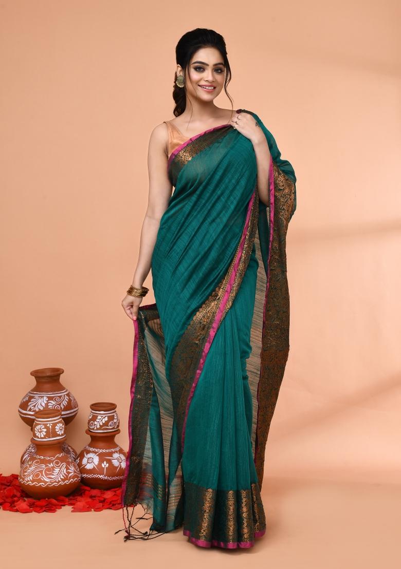 Teal Embroidered Cotton Saree Set
