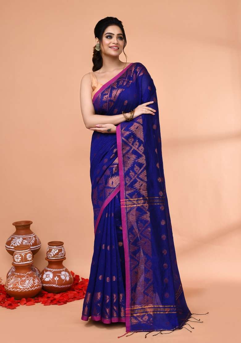 Royel Blue Embroidered Cotton Saree Set - Indya