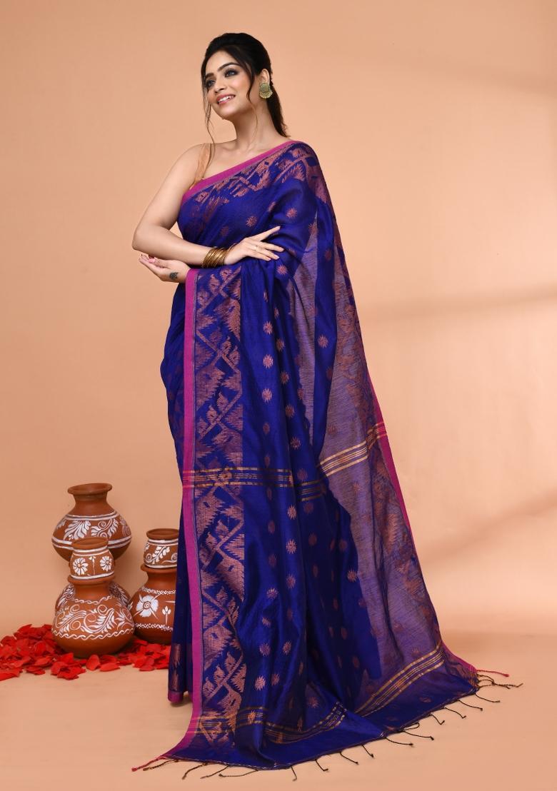 Royel Blue Embroidered Cotton Saree Set