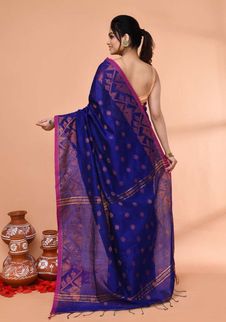 Royel Blue Embroidered Cotton Saree Set - Indya