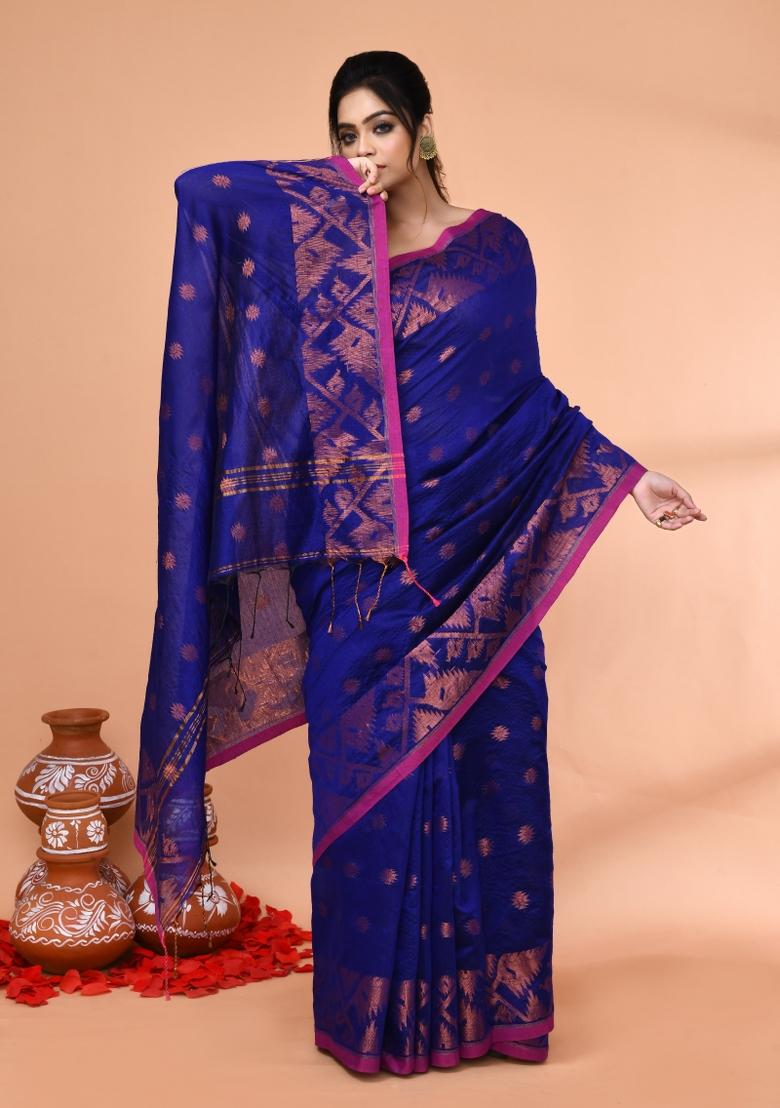 Royel Blue Embroidered Cotton Saree Set