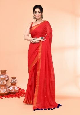 Red Sequin Embroidered Cotton Saree Set