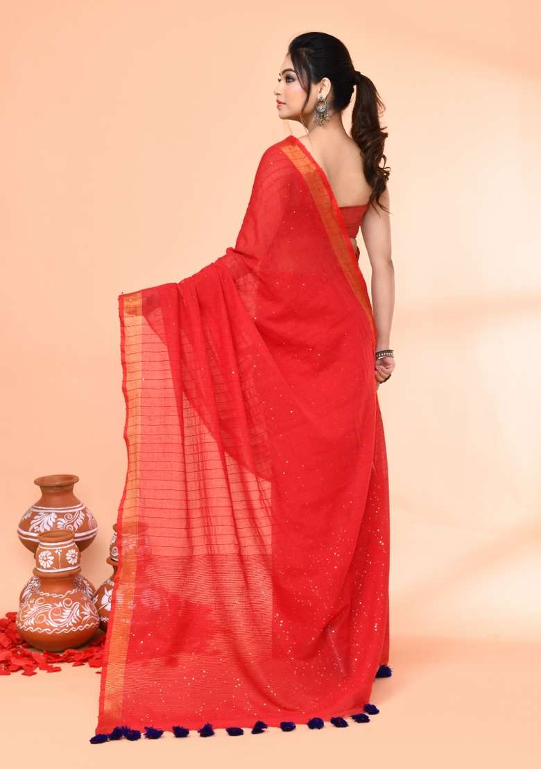 Red Cotton Saree Set with Embroidered & Sequin for Diwali | Wedding & Festive Wear - Indya