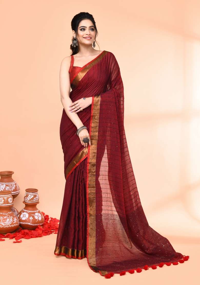 Maroon Sequin Embroidered Cotton Saree Set for Diwali and Festive Wear - Indya