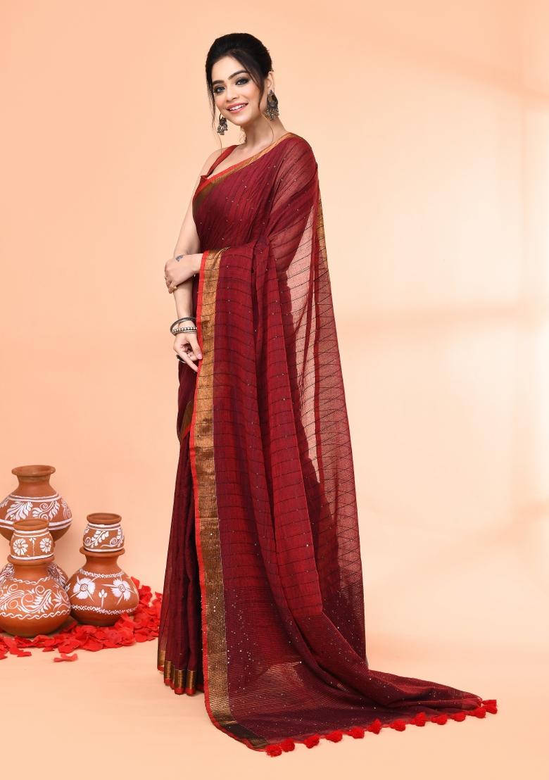 Maroon Sequin Embroidered Cotton Saree Set