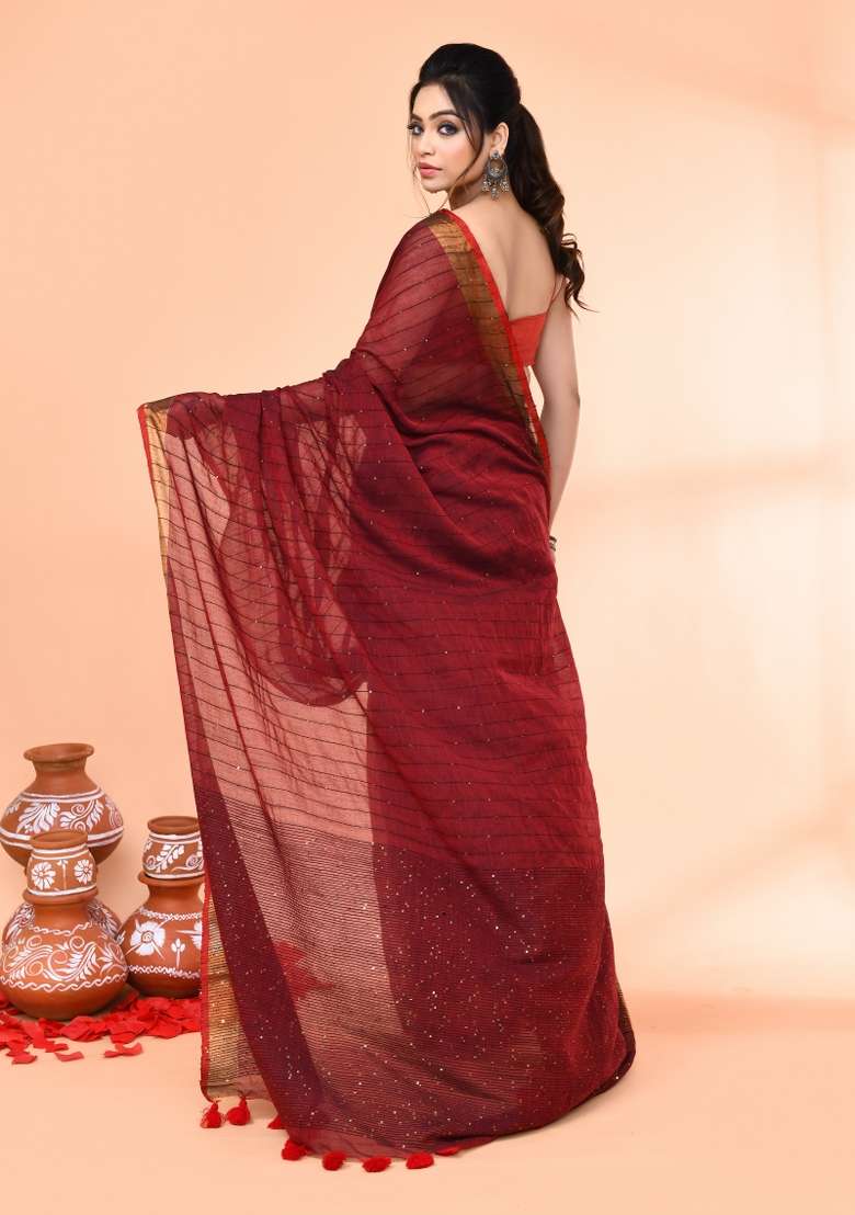 Maroon Sequin Embroidered Cotton Saree Set for Diwali and Festive Wear - Indya