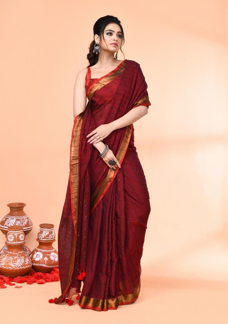 Maroon Sequin Embroidered Cotton Saree Set