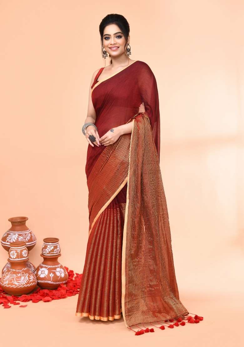 Maroon Cotton Saree Set with Embroidered for Diwali | Wedding & Festive Wear - Indya