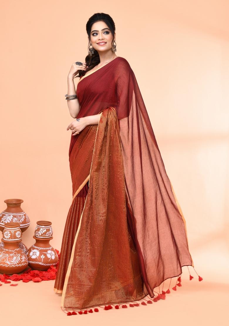 Maroon Embroidered Cotton Saree Set