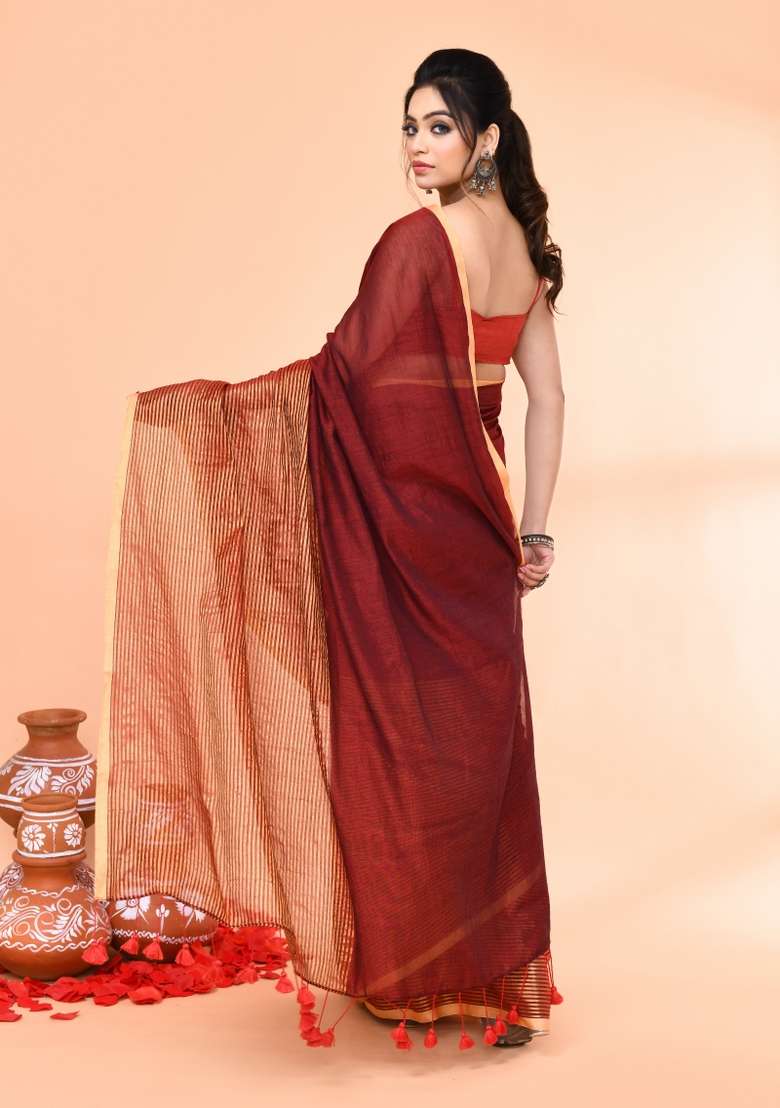 Maroon Cotton Saree Set with Embroidered for Diwali | Wedding & Festive Wear - Indya