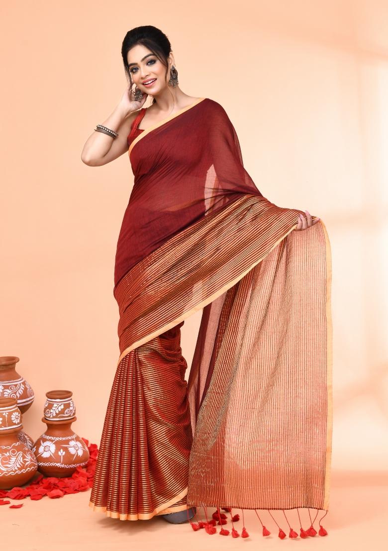 Maroon Embroidered Cotton Saree Set