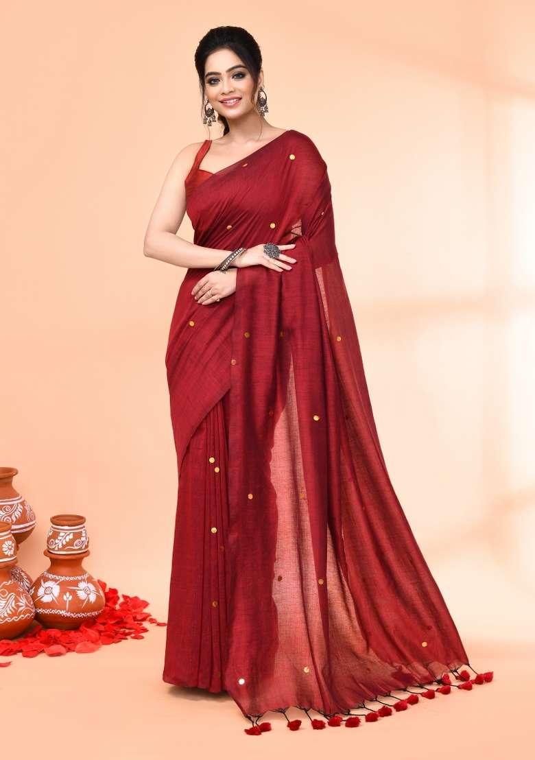 Maroon Sequin Embroidered Cotton Saree Set for Diwali and Festive Wear - Indya