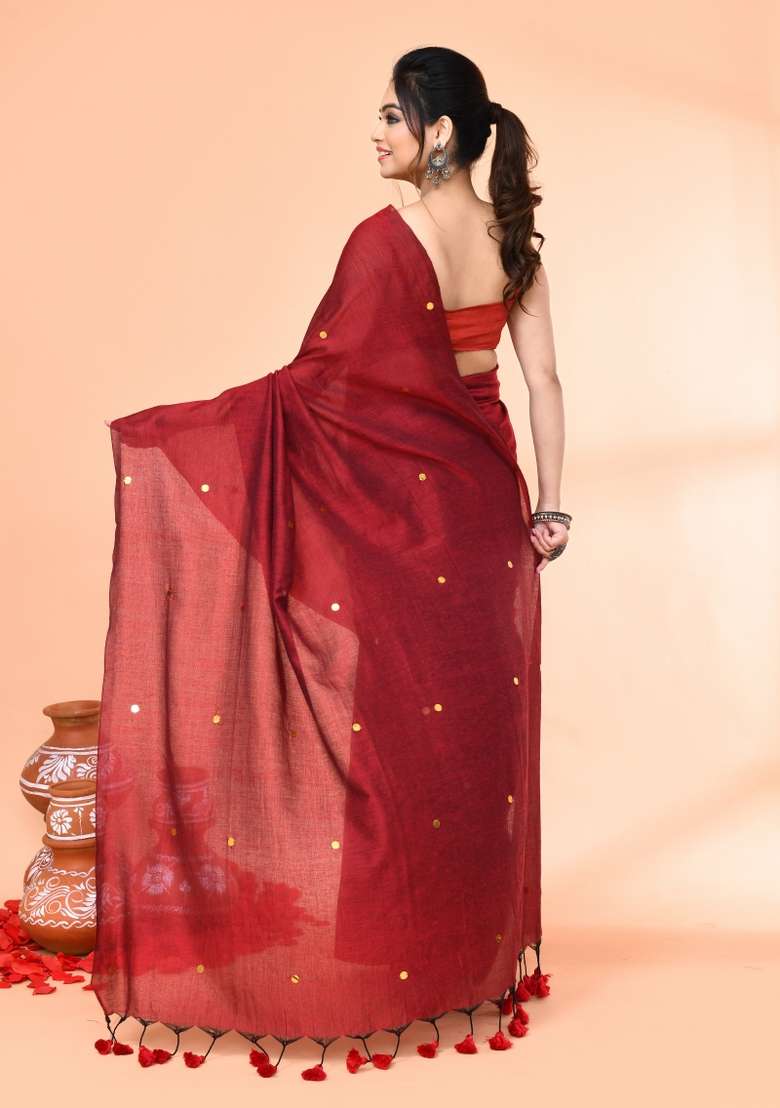 Maroon Sequin Embroidered Cotton Saree Set for Diwali and Festive Wear - Indya