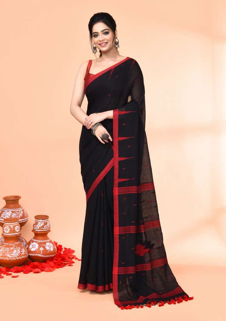 Black Cotton Saree Set with Embroidered for Diwali | Wedding & Festive Wear - Indya