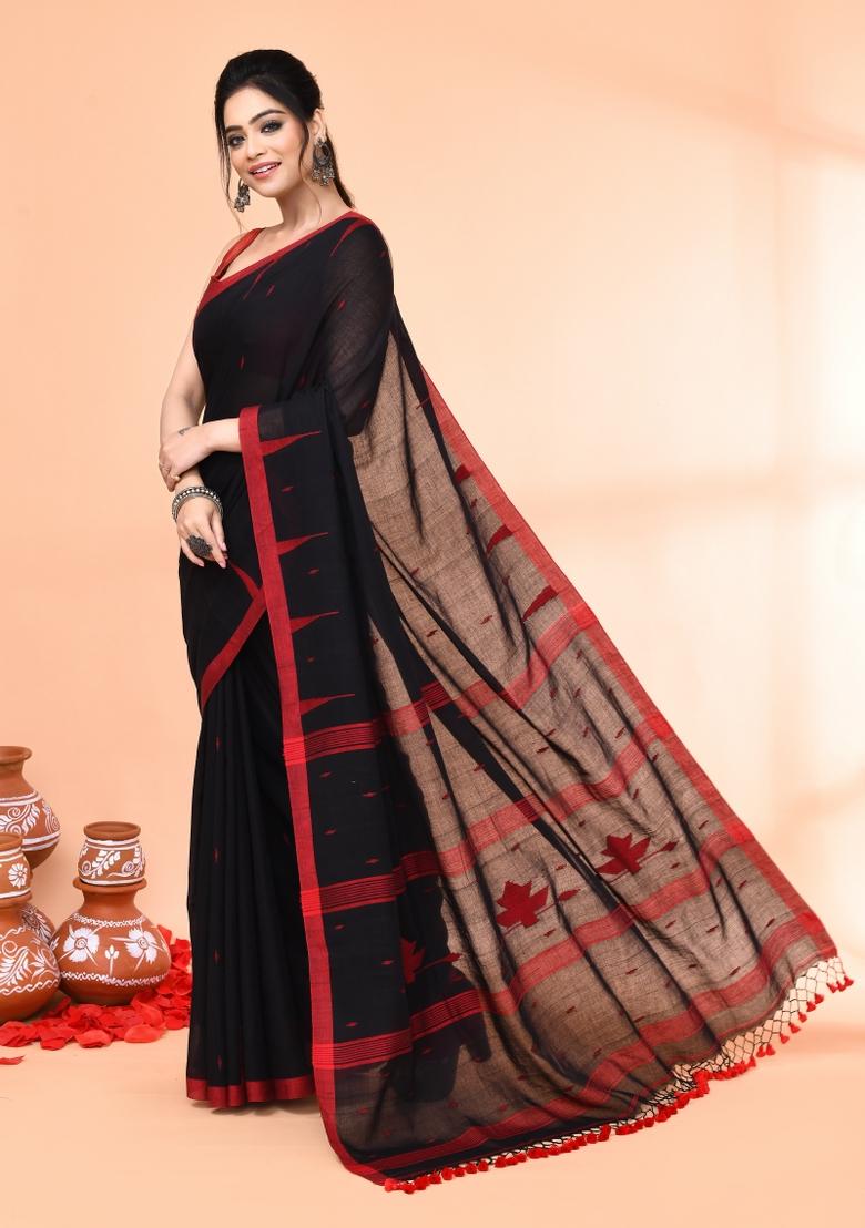 Black Embroidered Cotton Saree Set