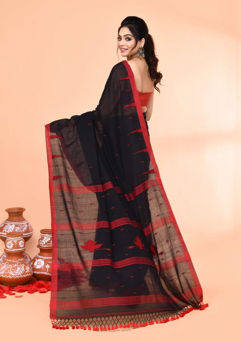 Black Cotton Saree Set with Embroidered for Diwali | Wedding & Festive Wear - Indya