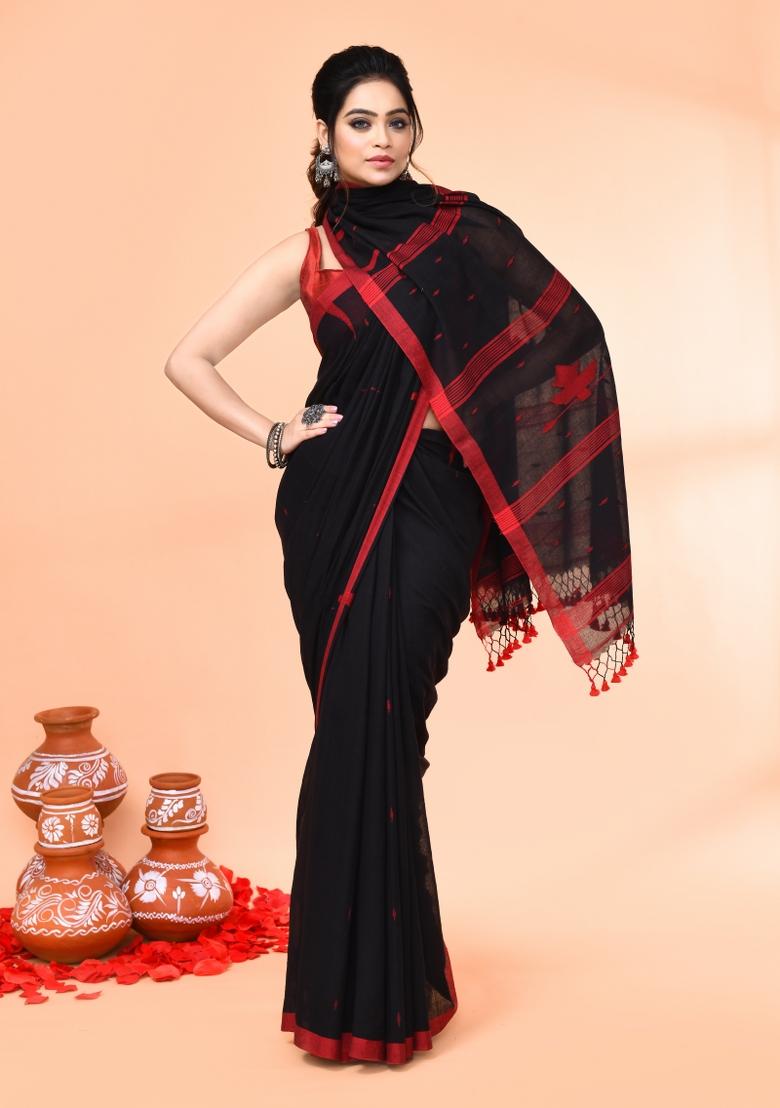 Black Embroidered Cotton Saree Set