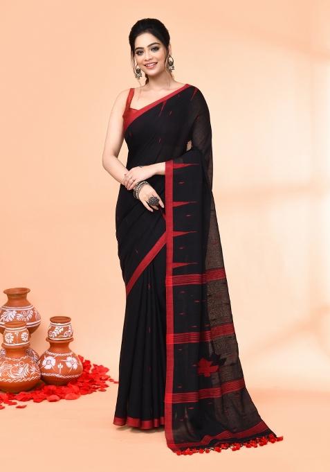 Black Embroidered Cotton Saree Set