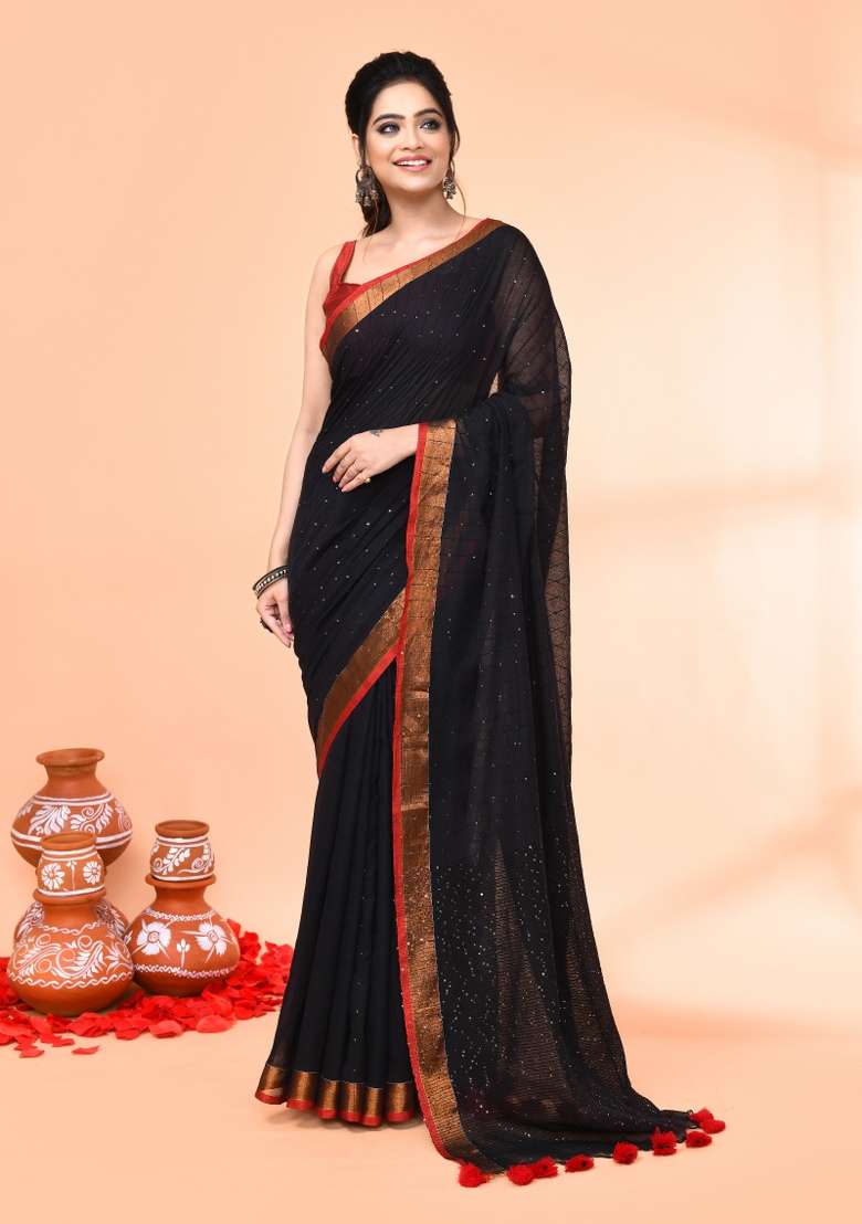 Black Sequin Embroidered Cotton Saree Set for Diwali and Festive Wear - Indya