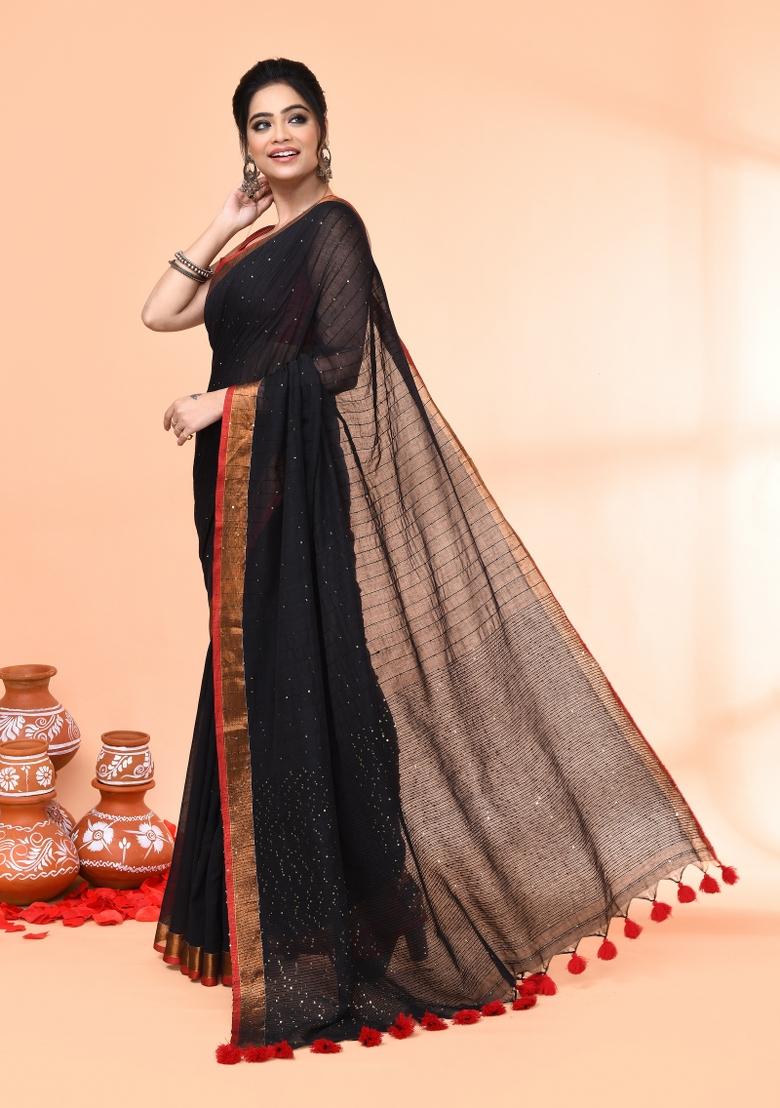 Black Sequin Embroidered Cotton Saree Set