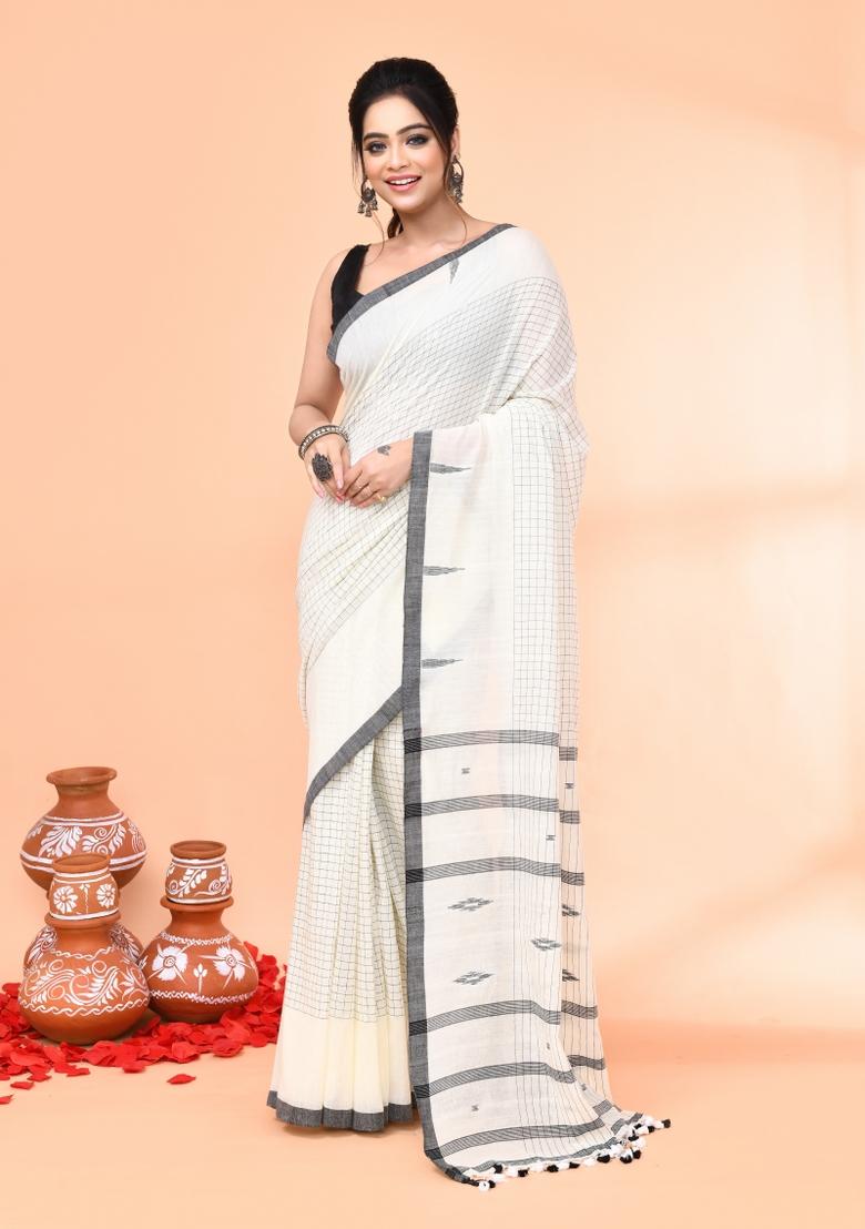 Off White Embroidered Cotton Saree Set