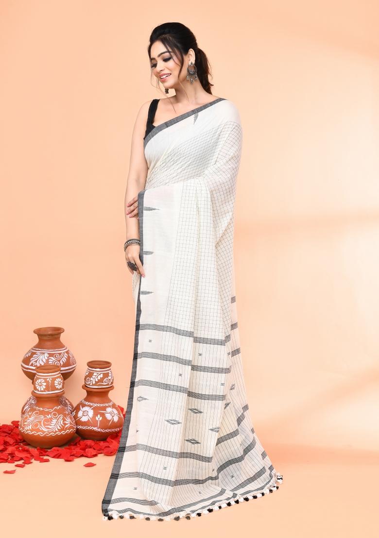 Off White Embroidered Cotton Saree Set