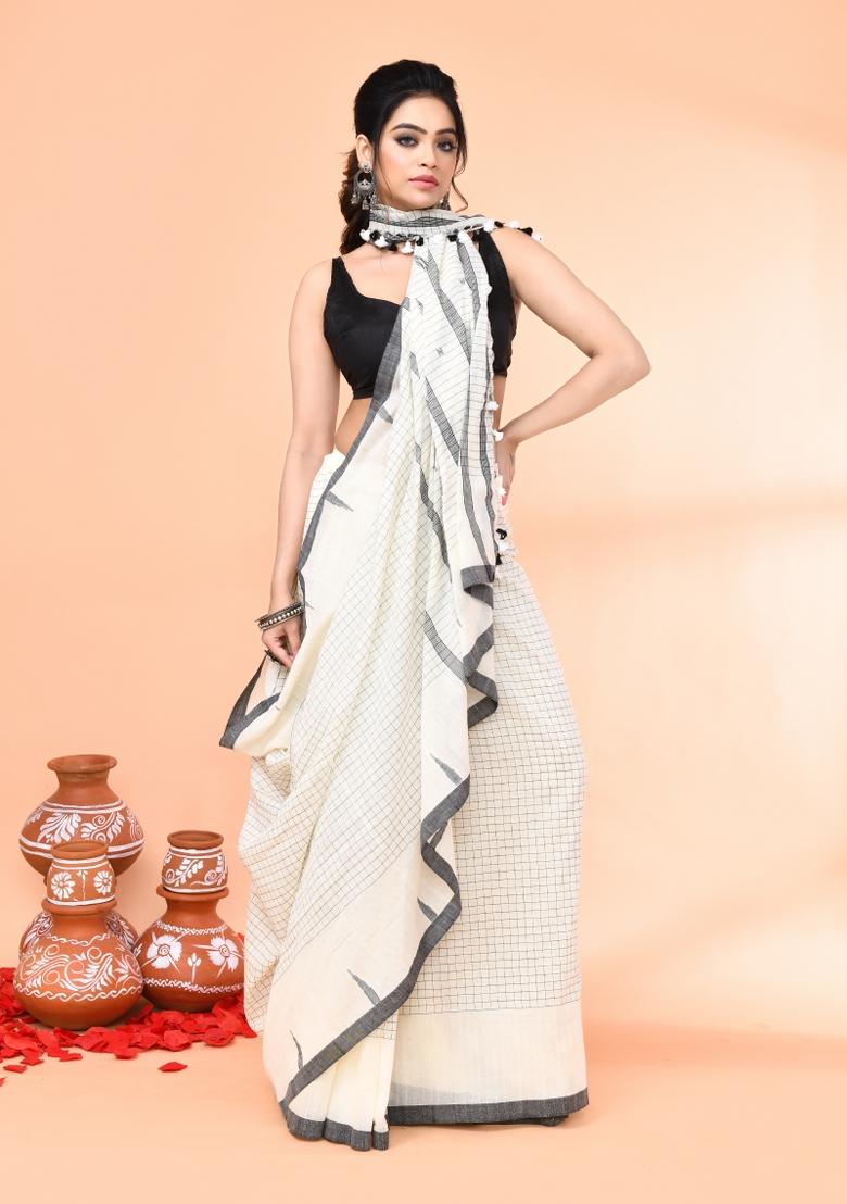 Off White Embroidered Cotton Saree Set