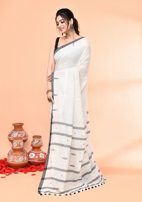 Off White Embroidered Cotton Saree Set