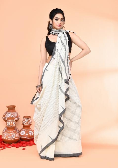 Off White Embroidered Cotton Saree Set