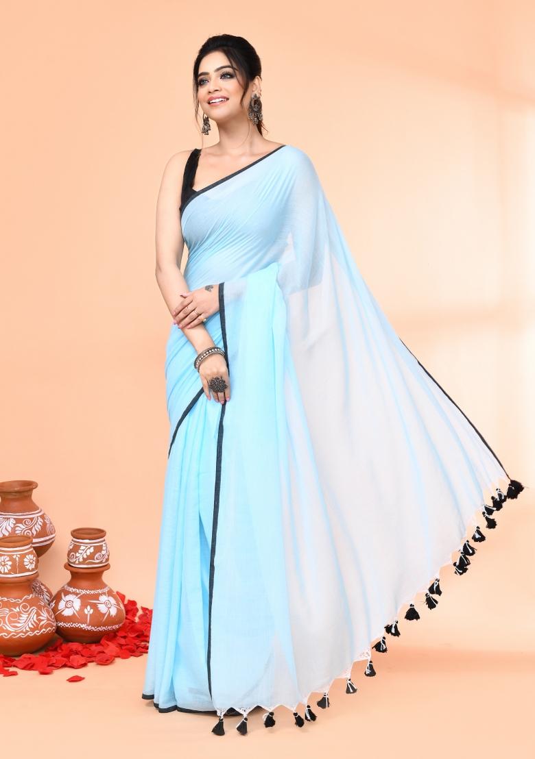 Aqua Blue Embroidered Cotton Saree